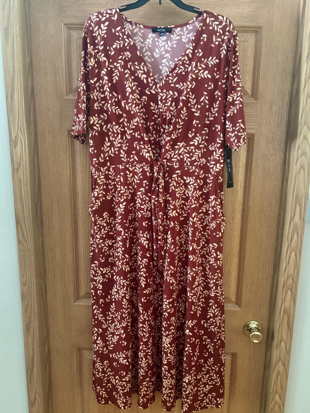 MSK Rust Red-Brown Floral Wrap Midi Dress